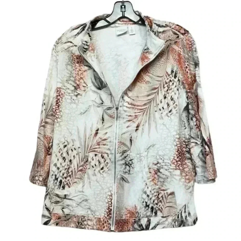 Chico's Floral 3/4 Sleeve Zip Jacket Women's Size 1 Multicolor Casual Tr…